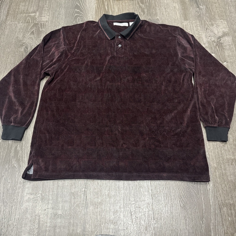 VTG Imprints Velour Velvet Long Sleeve Geometric Polo Rugby Shirt Sz XL